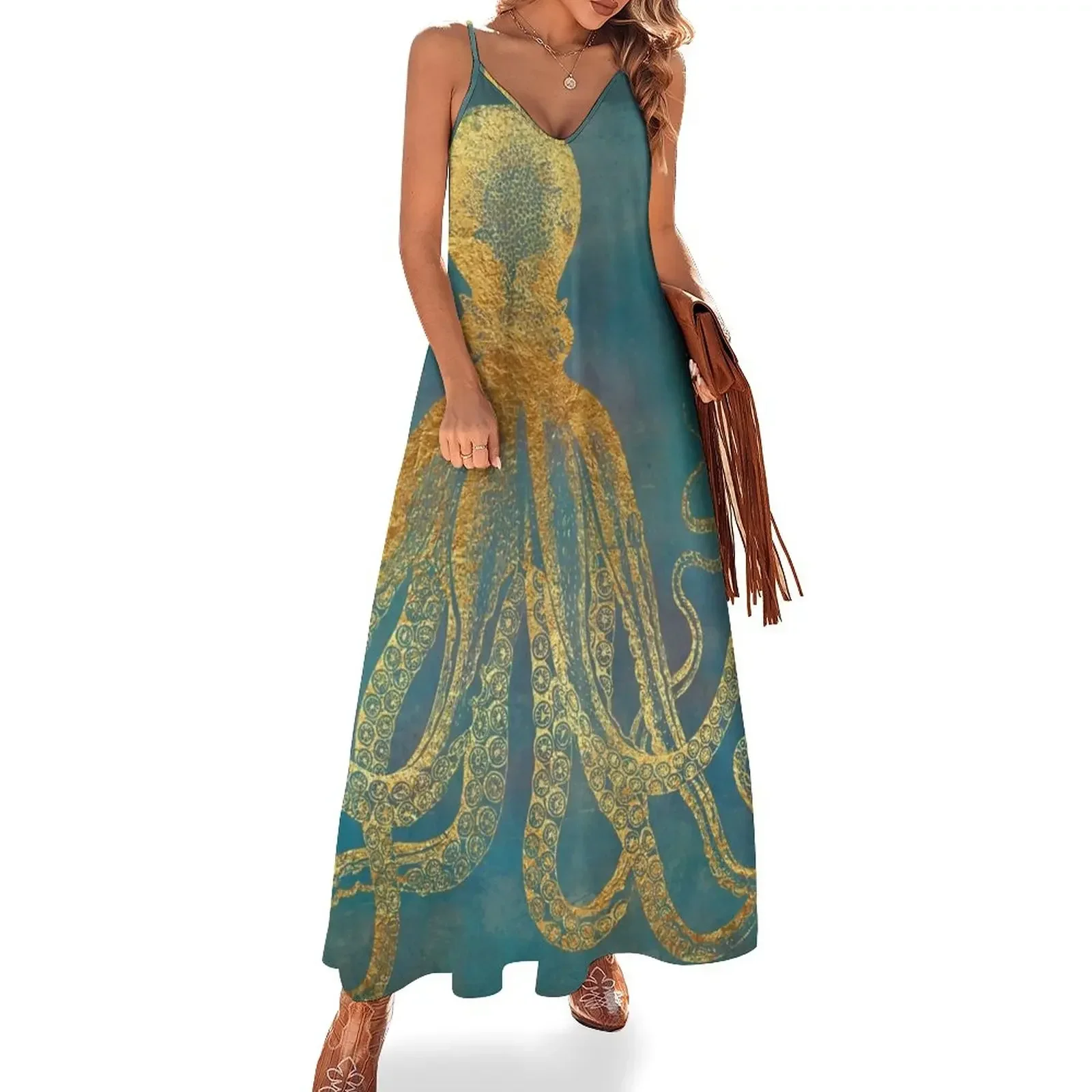 Women's Deep Sea Life II Vestido de polvo dourado, sem mangas, textura marinha, elegante, vintage, moda de baile