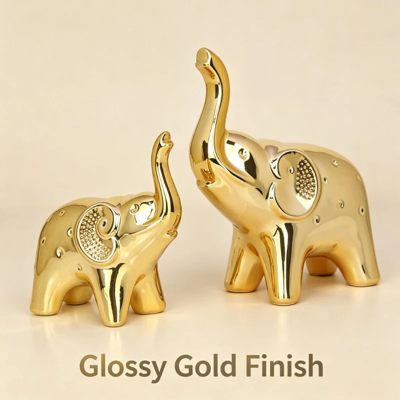 Gold Plated Ceramic Elephant Statue Set, Modern Home Decor Figurines for Living Room & Office Desk