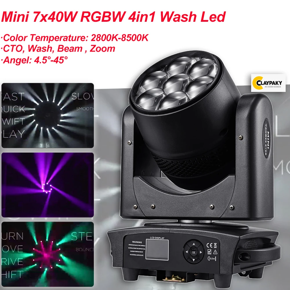 

Мини-движущаяся головка 7x40 Вт RGBW 4в1 Wash Lights Clay Paky Dmx Control Zoom Проектор Мобильный для освещения Dj Disco Party Lights