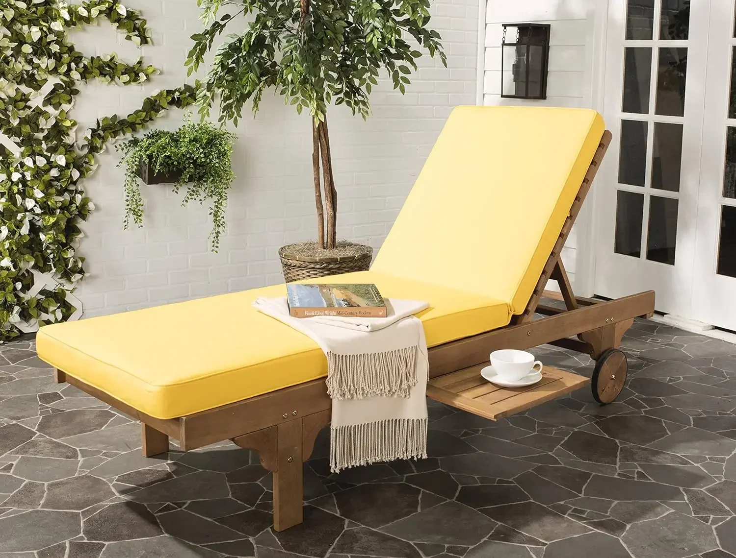 Outdoor Collection Newport Natural/ Yellow Cushion Built-in Side Table Adjustable Chaise Lounge Chair