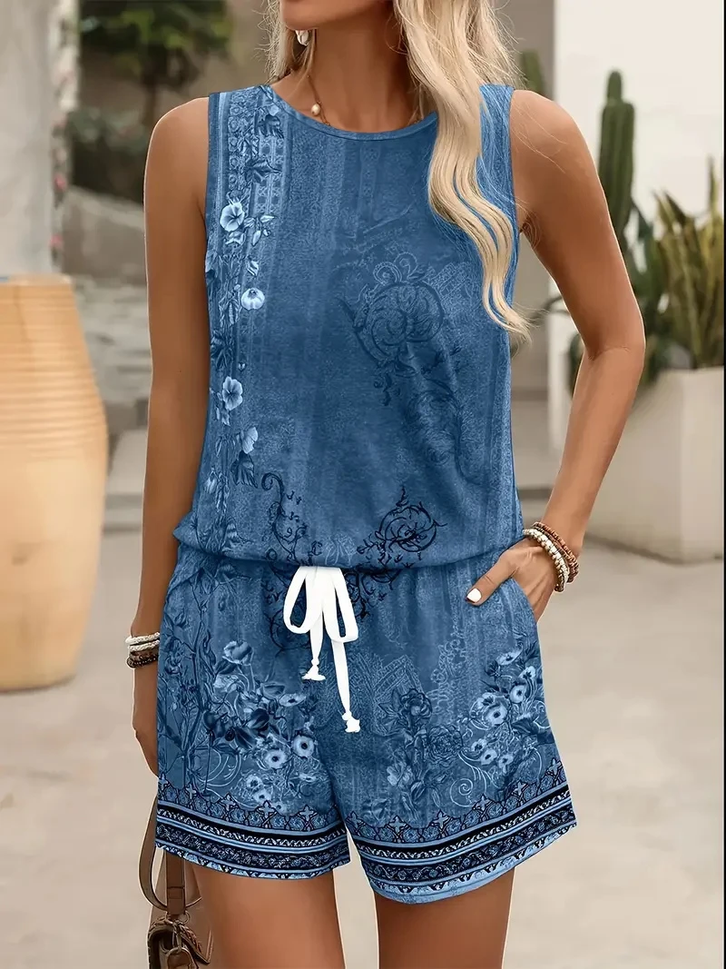 Women's Spring/Summer Fashion Two-Piece Set - Floral Elegant Sleeveless Vest + Floral Print Shorts, Suitable for Daily Wear and Vacation Outfits