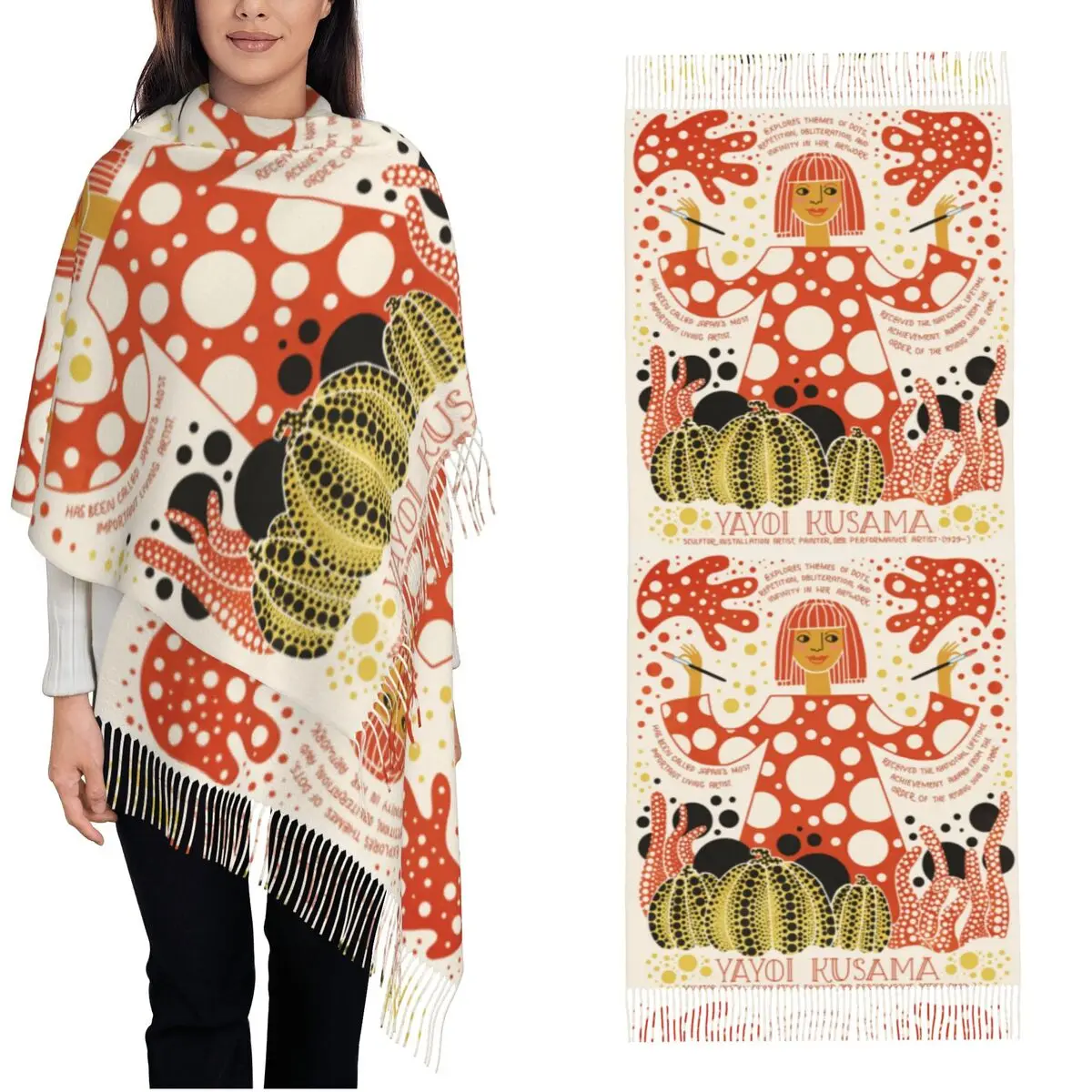 

Womens Scarf with Tassel Yayoi Kusama Print Large Winter Fall Shawl Wrap Daily Wear Pashmina Scarves