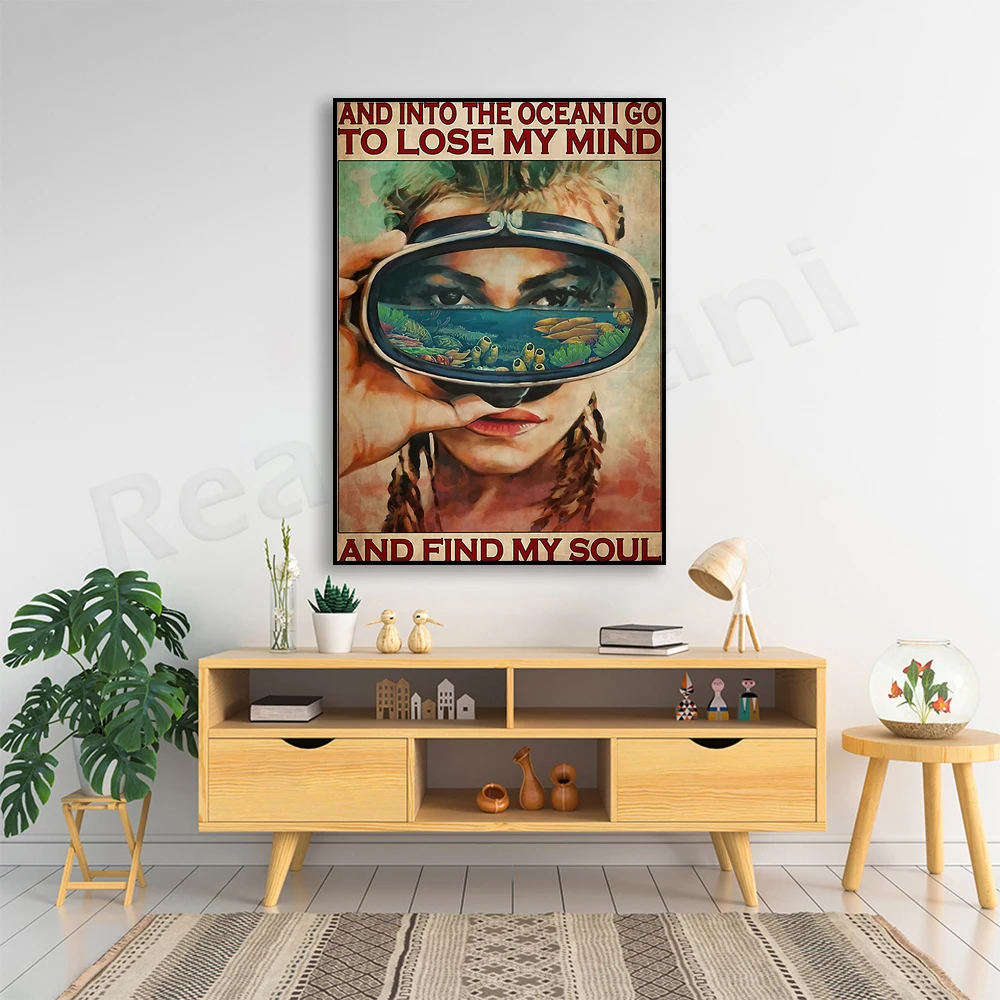 girl dive and into the ocean i go lose my mind and find my soul poster, diving retro poster, gift for diving lovers