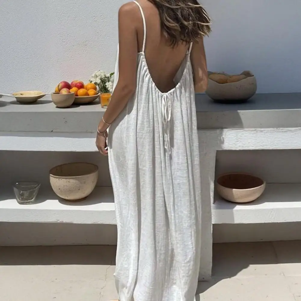 2026 Rückenfreies Damen-Sommerkleid Einfarbiges Locker Sitzendes Loungewear-Kleid Elegantes Vielseitiges Spaghetti-Träger Maxikleid