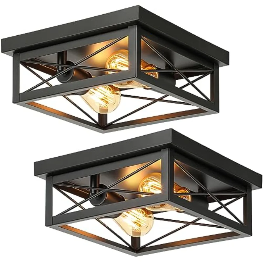 2-Light Industrial Square Flush Mount Ceiling Light, Farmhouse Ceiling Light Fixture for Kitchen, Modern Close to Ceiling Light view 2