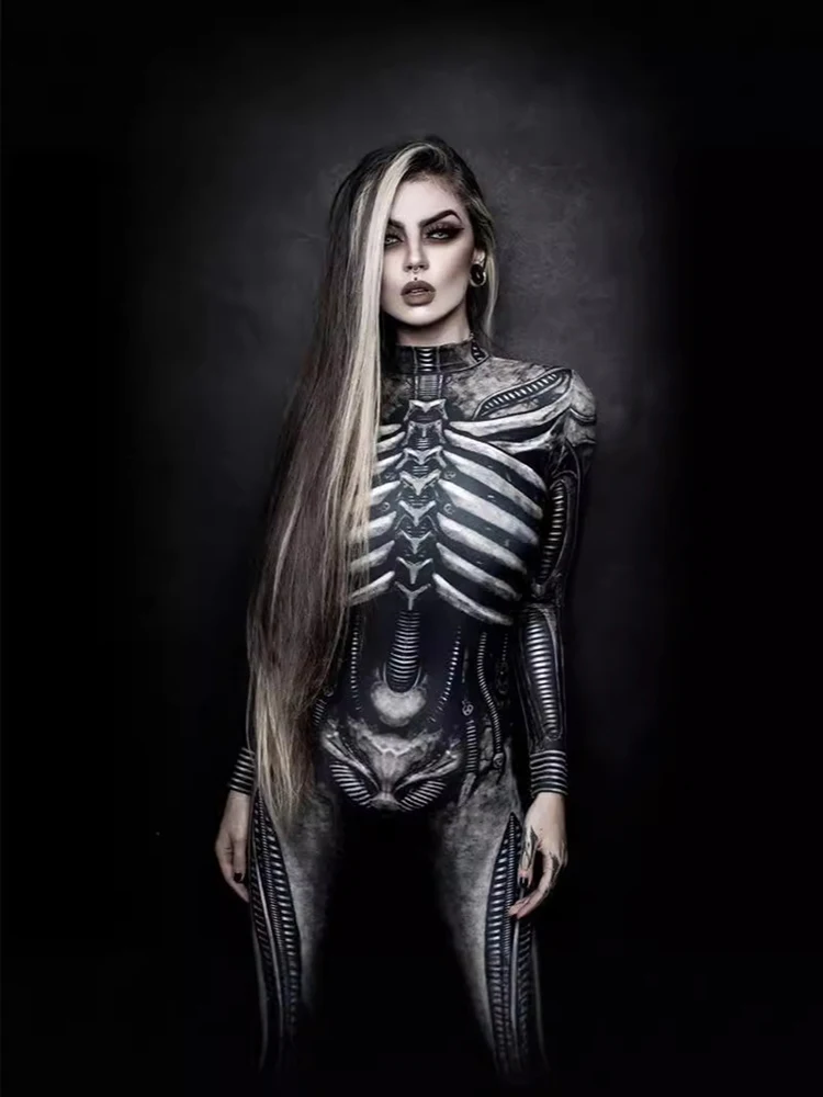 Schädel Overall Verkleidung gruseligen Schädel Skelett Horror Terror Halloween Kostüm für Frauen Zentai Geist Karneval Party Maskerade