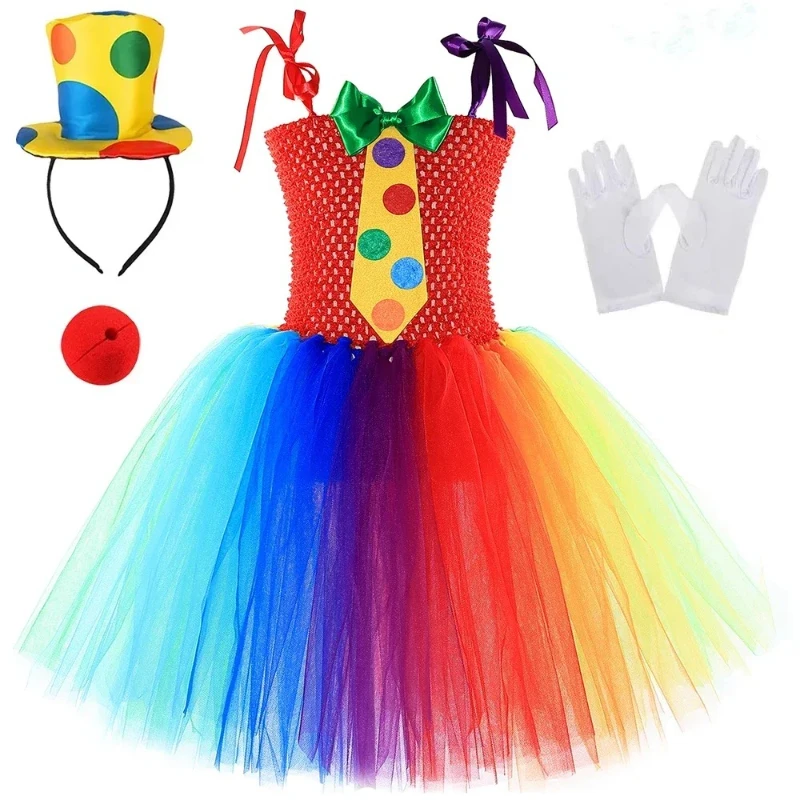 Children Rainbow Clown Costumes for Girls Clown Halloween Tutu Dress Funny in Multi-colored Tulles Outfit Kids Circus Show Tutus