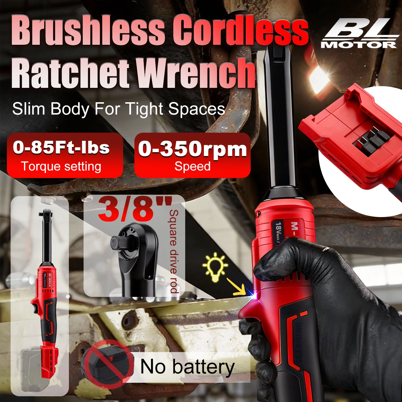 M-WALK Electric Ratchet Wrench Extended Head Removal Screw Nut 80N.m 3/8
