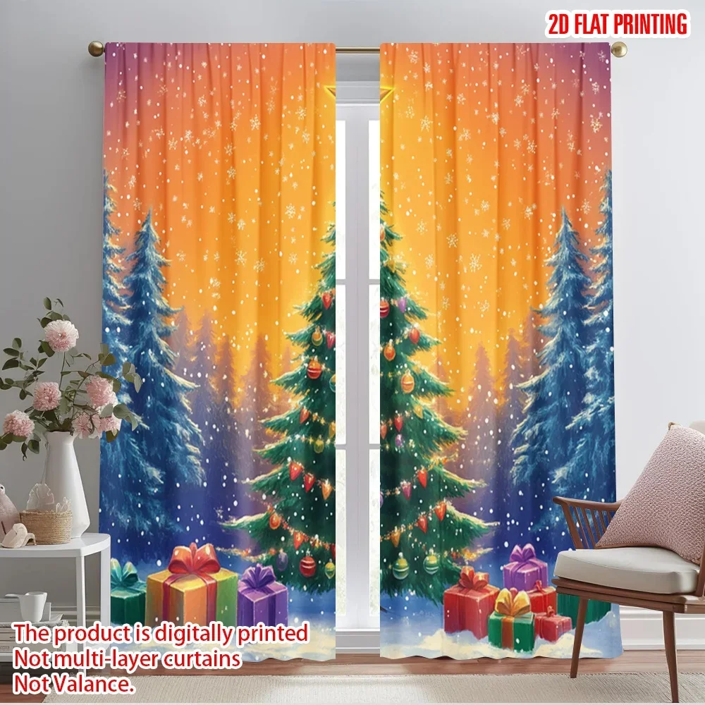 2pcs,2D plane printing Print Curtains Christmas Tree Gifts Snowfall (2) Polyester Easy Install (without rod) Room Decor Perfect