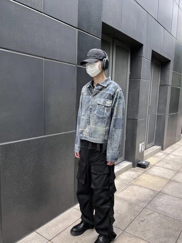 

Винтажная джинсовая куртка с цифровым принтом, повседневная рабочая одежда, верхняя одежда, осенняя атмосфера, независимый дизайн, молодежная мода, свободная посадка