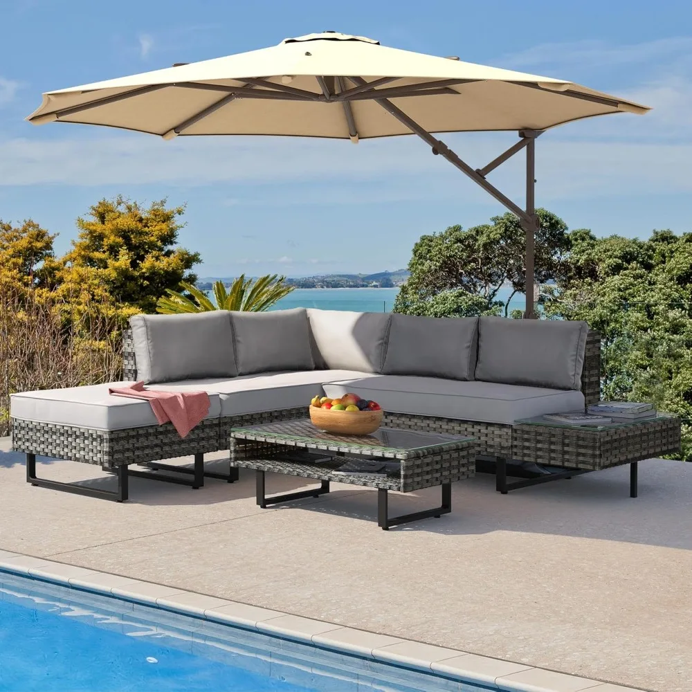 

4 Pieces Patio Furniture Set, Outdoor Rattan Conversation Sectional L-Shaped for Patio Backyard Poolside Porch