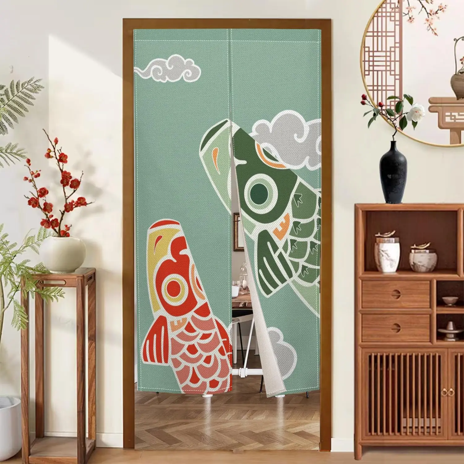 Trandition Style Japanese Noren Doorway Curtain Green Fishes Printed Asian Window Treatment Hanging Door Tapestry for Sushi