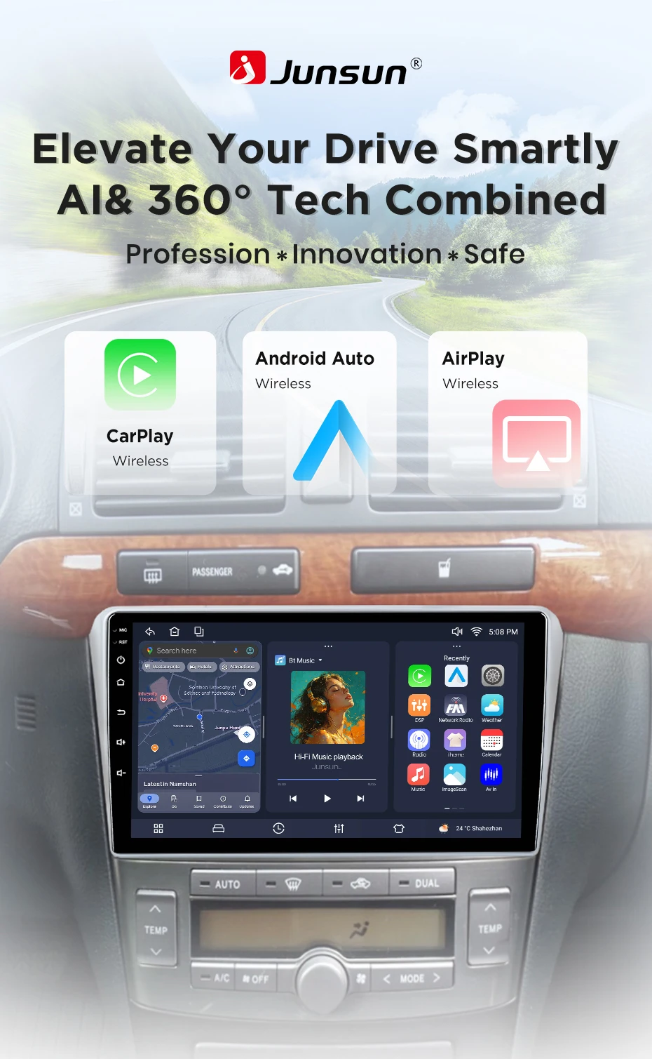 Junsun Android 15 Auto-Intelligentes System für Toyota Avensis T25 2002-2008, kabelloses CarPlay für Apple Auto, 9" – Detail 2
