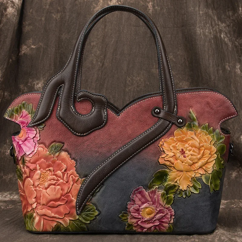 2024 Summer Designer Women Leather Handbags Luxury Style Female Purse Genuine Leather Shoulder Bag Vintage Floral Large Tote Bag