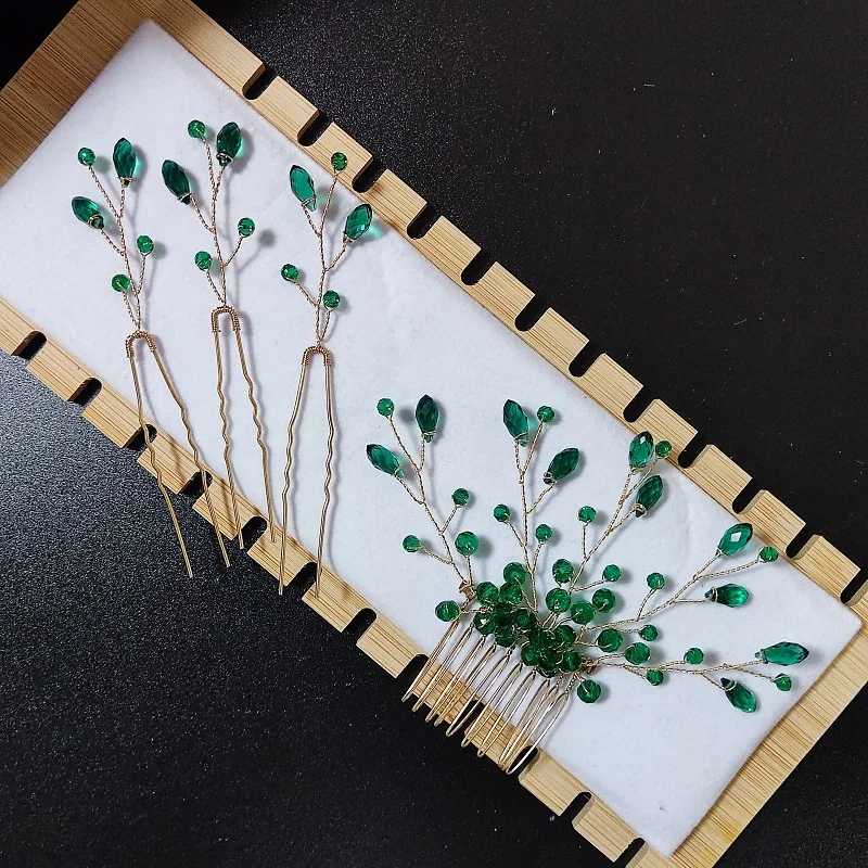 Trendy Green Rhinestone Wedding Hair Combs Hair Accessories for Bridal Crystal Headpiece Hair ornaments Wedding Hair Jewelry