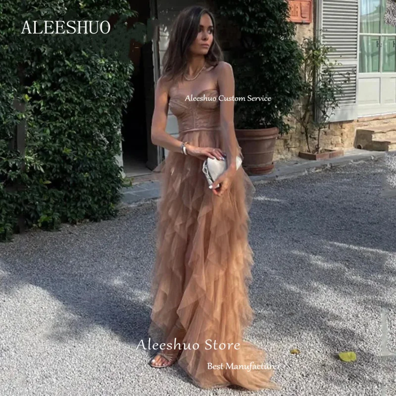 Aleeshuo Sexy Lace Arabic Women Applique Tulle Evening Dresses Sleeveless Side Slit Strapless Prom Gowns Formal Dress Party