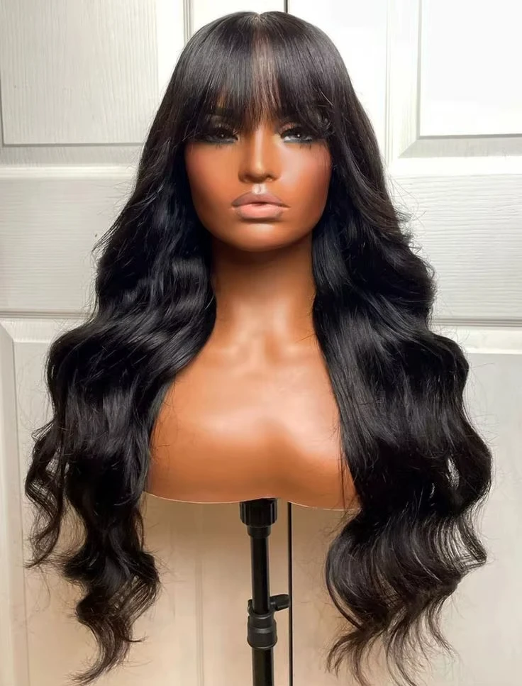 

Body Wave Human Hair Wigs With Bangs 1b Black Wig Not Lace Natural Color Full Machine Wig From Brazilian Original 200 Density