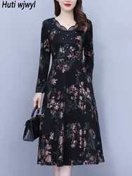 Autumn Winter Vintage Black Print Chic Prom Dress Women Elegant Luxury Night Midi Vestidos 2024 Plus Velvet Bodycon Party Dress