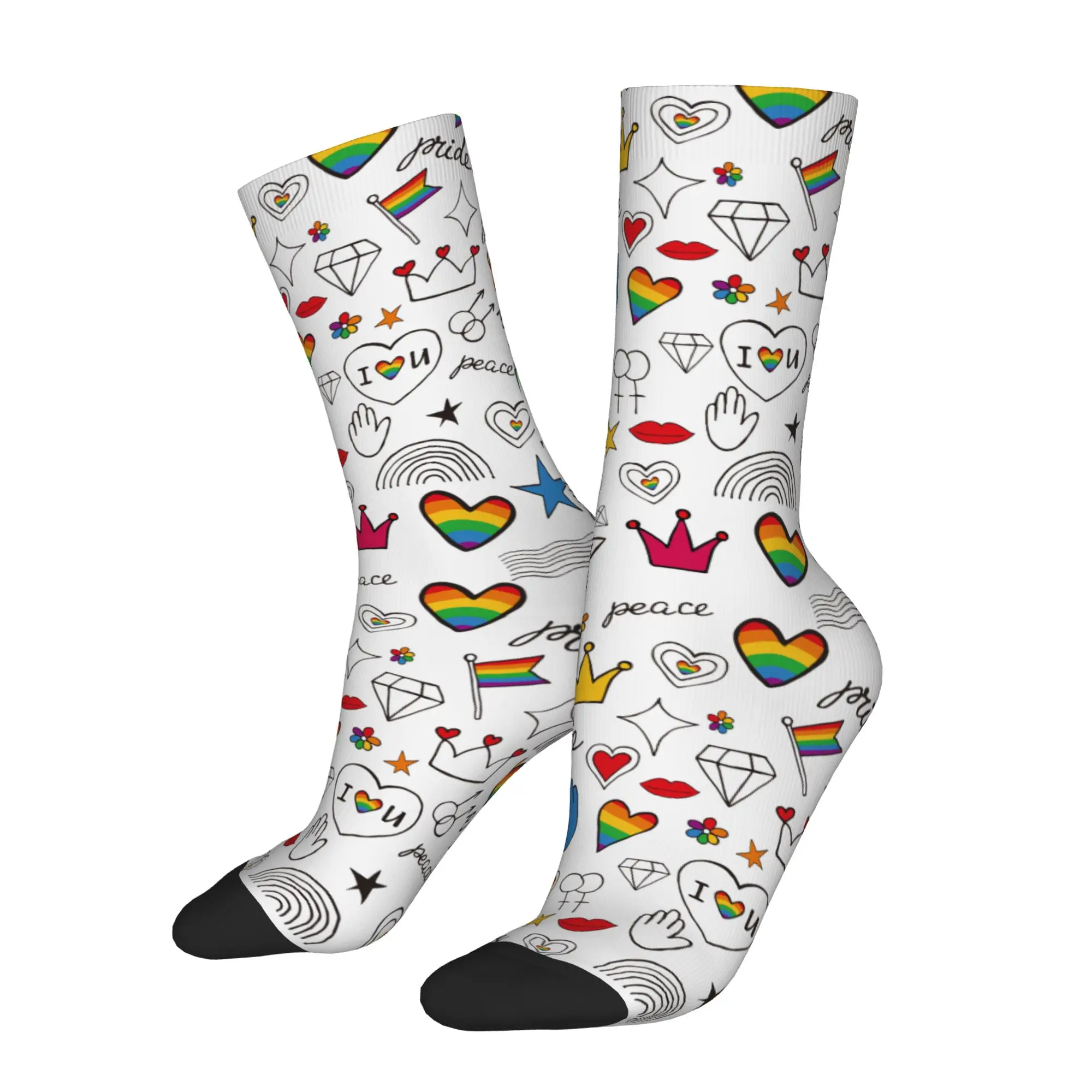 LGBTQ Doodles Pride Love Peace Rainbow  Design Theme Crew Socks Merch for Women Men Compression Print Socks
