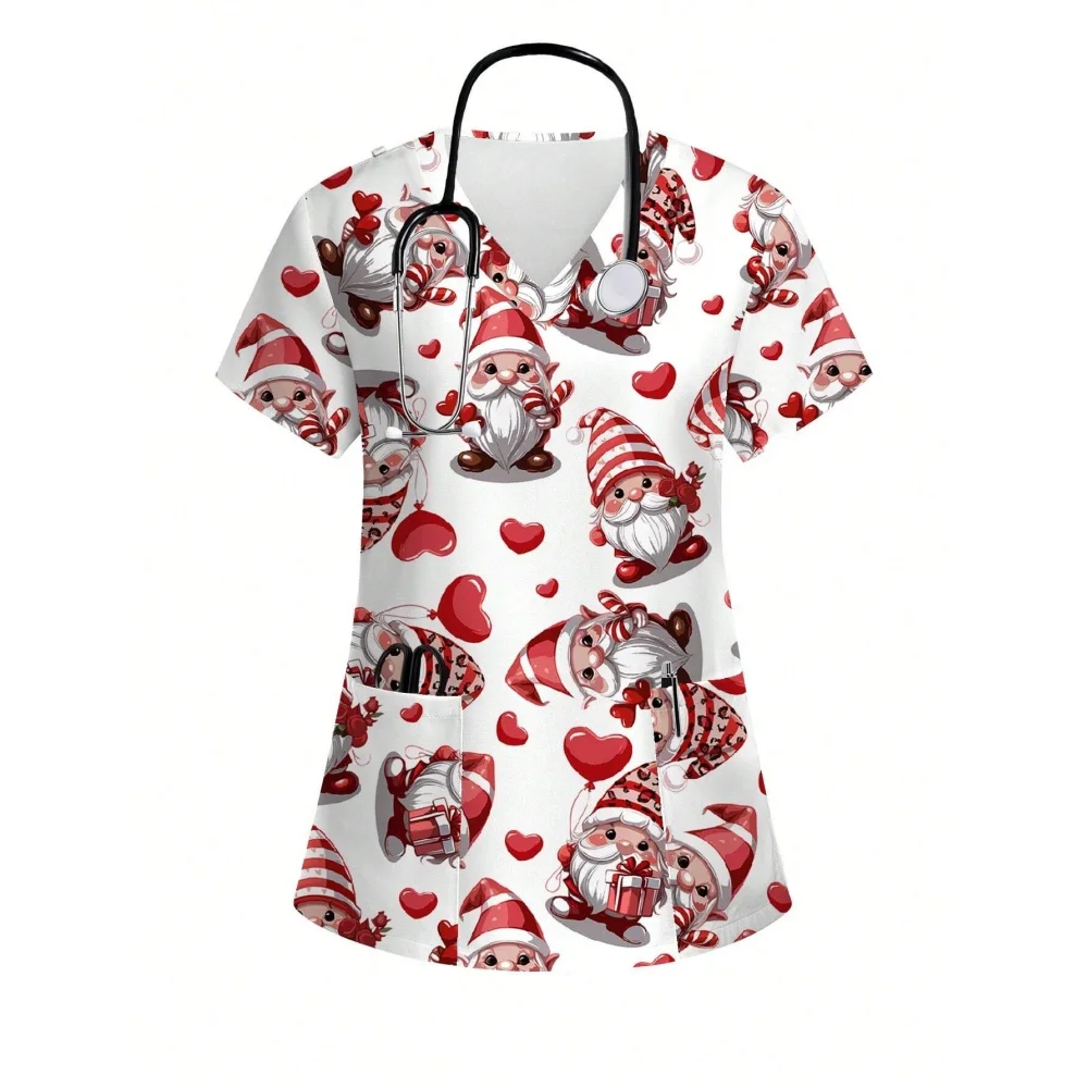

Новый год 2026, фестивальная клиническая униформа с короткими рукавами, женская повседневная минималистичная униформа медсестры с рождественским принтом, топ