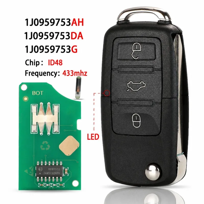 3 Button Folding Remote Car Key Fob 433MHz ID48 Chip Replacement Compatible with VW Golf Jetta Passat