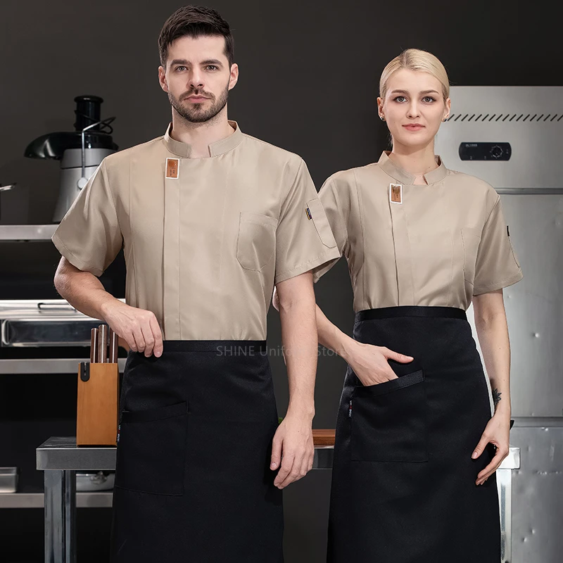 Traje de Chef de cocina para hombre, chaqueta negra, uniforme de manga corta, abrigo de Chef para restaurante, delantal, ropa de trabajo, pantalones cortos de Chef transpirables de verano