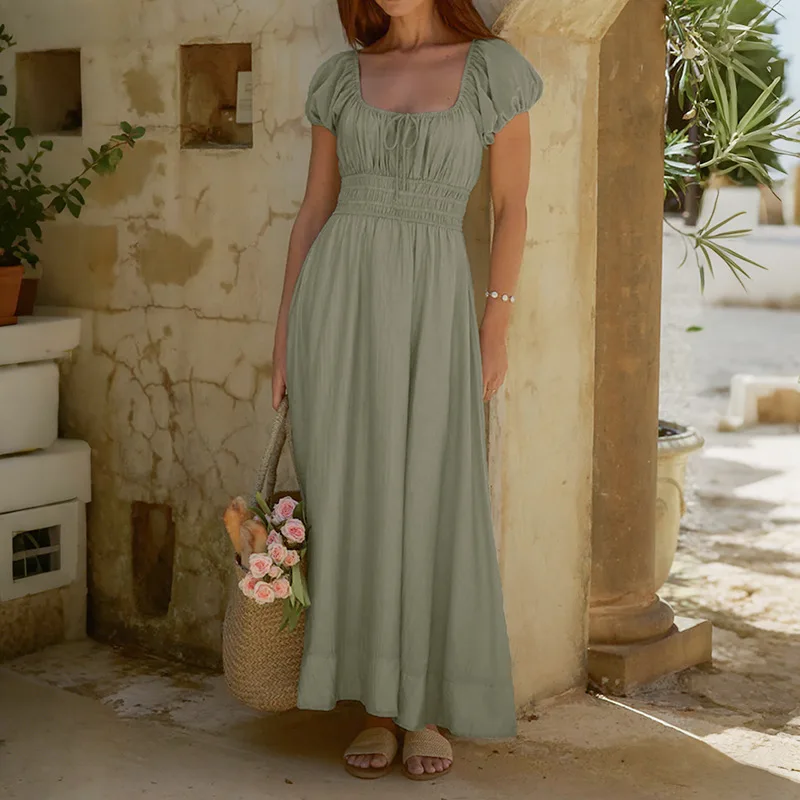 

Women Dresses Solid Dress Square Collar Puff Short Sleeves Ankle Length Empire Waist Slight Strech Casual 2026 Spring Summer