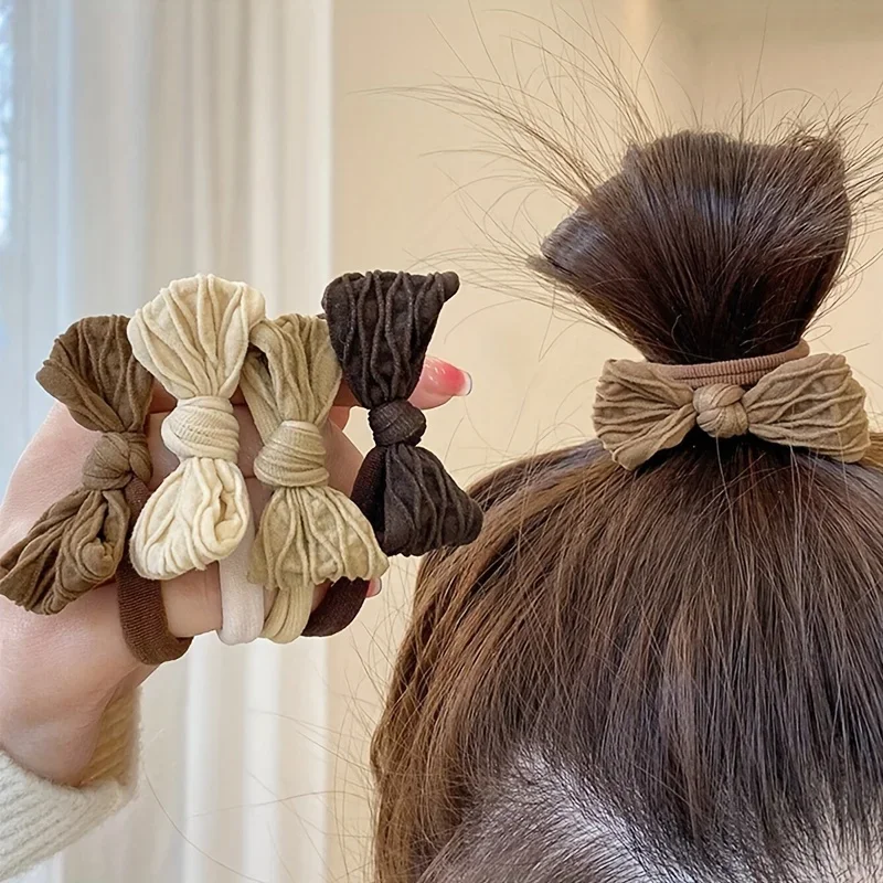 Bow Hair Ties Sweet Style Set For Women High Elasticity Fabric Solid Color Bowknot Minimalist Ponytail Holders Hair