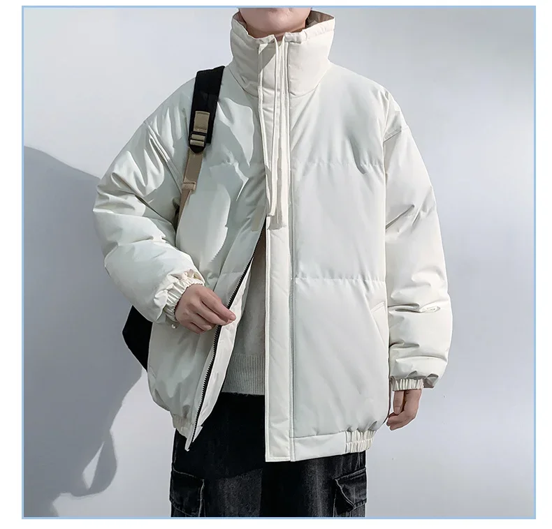 

New Winter Warm Stand Collar Parkas Mans Solid Color Zip-up Baggy Jacket Men Daily Casual Fashion Male Clothes