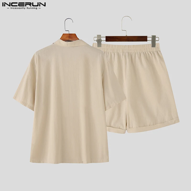Incerun conjuntos masculinos cor sólida lapela manga curta camisa & shorts duas peças define verão streetwear 2025 solto casual ternos masculinos