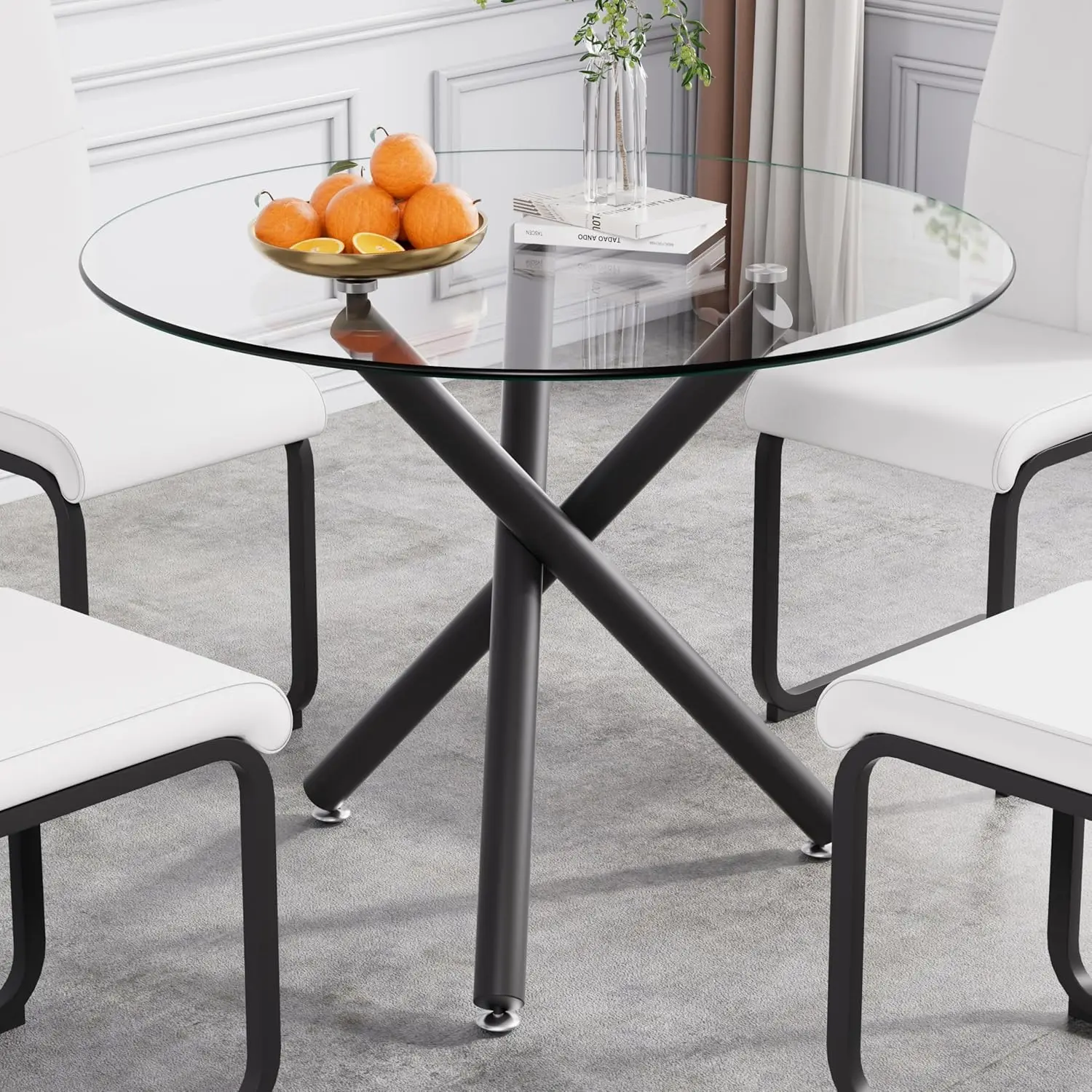 Tempered Glass Dining Table Chrome Legs Adjustable Pads Kitchen Living Room 35.5 Inch, Customized