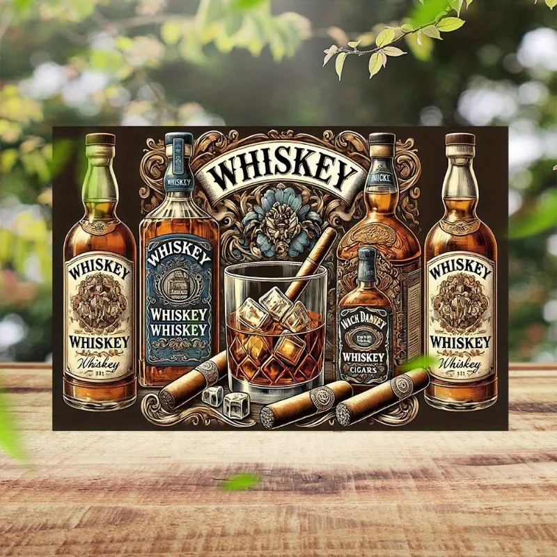 

"Whiskey Wine Cigar Chart" Retro Warning Aluminum Metal Sign, Ornate Frame Decor with Bottles & Cigar, Ideal for Bar/Man Cave