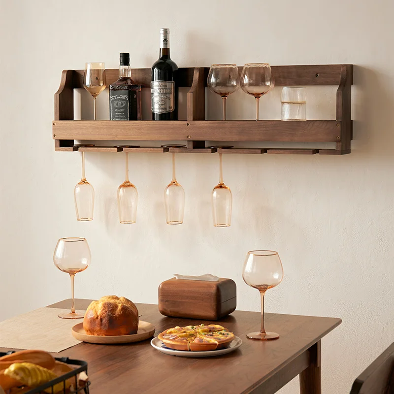 

Elegant Wall Mounted Wine Rack Solid Wood Liquor Shelf for Home Bar Whiskey Display Holder with Glass Hangers Storage Organizer