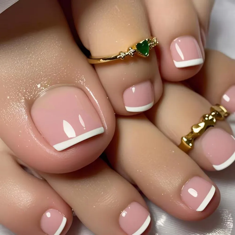 

24Pcs Artificial French Toe Nails With Glue Press On Toenails DIY Foot Fake Nails Tips For Woman Manicure Tool