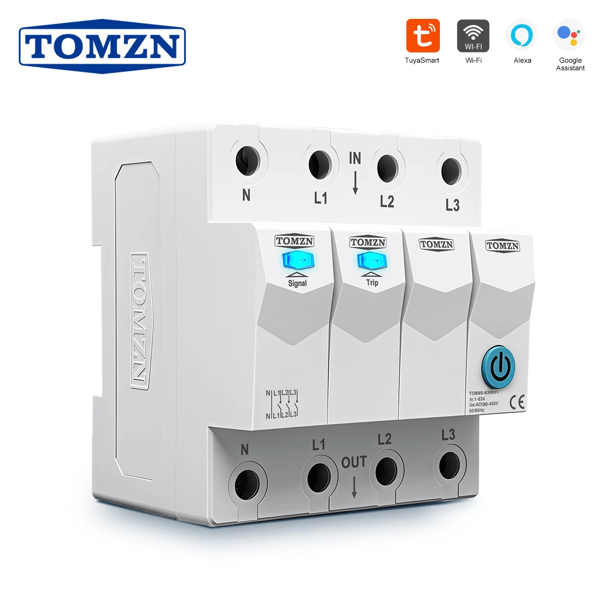 TOMZN Official TOB9S-63WIFI 3 Relay Cut Off L TUYA SmartLife 4P 3*120V 3*230V 63A Timer Countdown 50Hz 60Hz DIN Rail