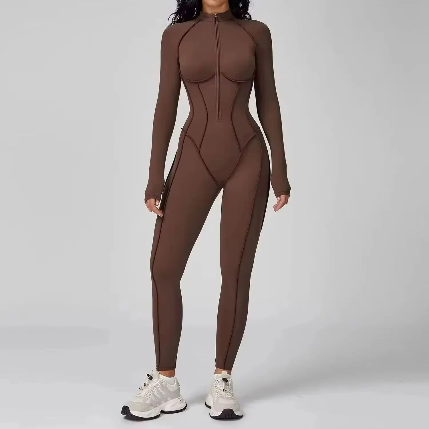 One Piece Yoga Jumpsuit Women Long Sleeve Half Zipper High Neck Corset Seam Design Bodysuit Tummy Control Slim Fit Gym WorkoutOn