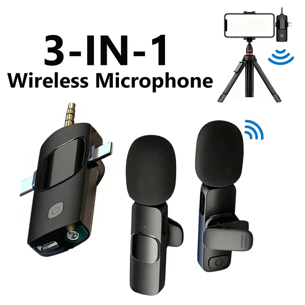 KEBIDU Kabelloses Lavalier-Mikrofon, 3-in-1-Mini-Mikrofon, Geräuschunterdrückung, tragbare Audio- und Videoaufzeichnung für Live-Streaming-Interviews – Detail 1