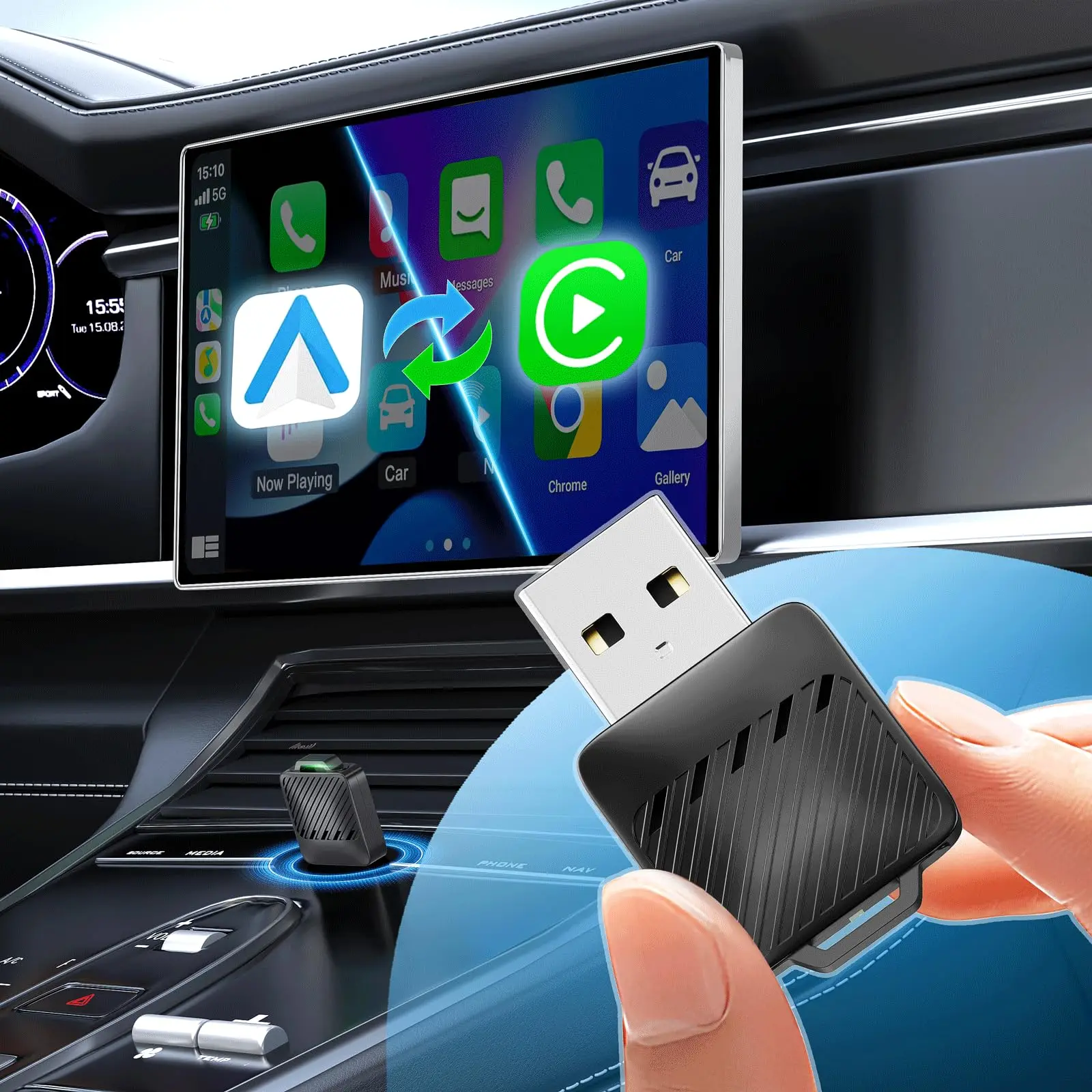 2-in-1 MINI Wireless CarPlay & Android Auto Adapter 2026 Upgrade, Plug & Play CarPlay Dongle Converts Wired to Wireless, Fast Au