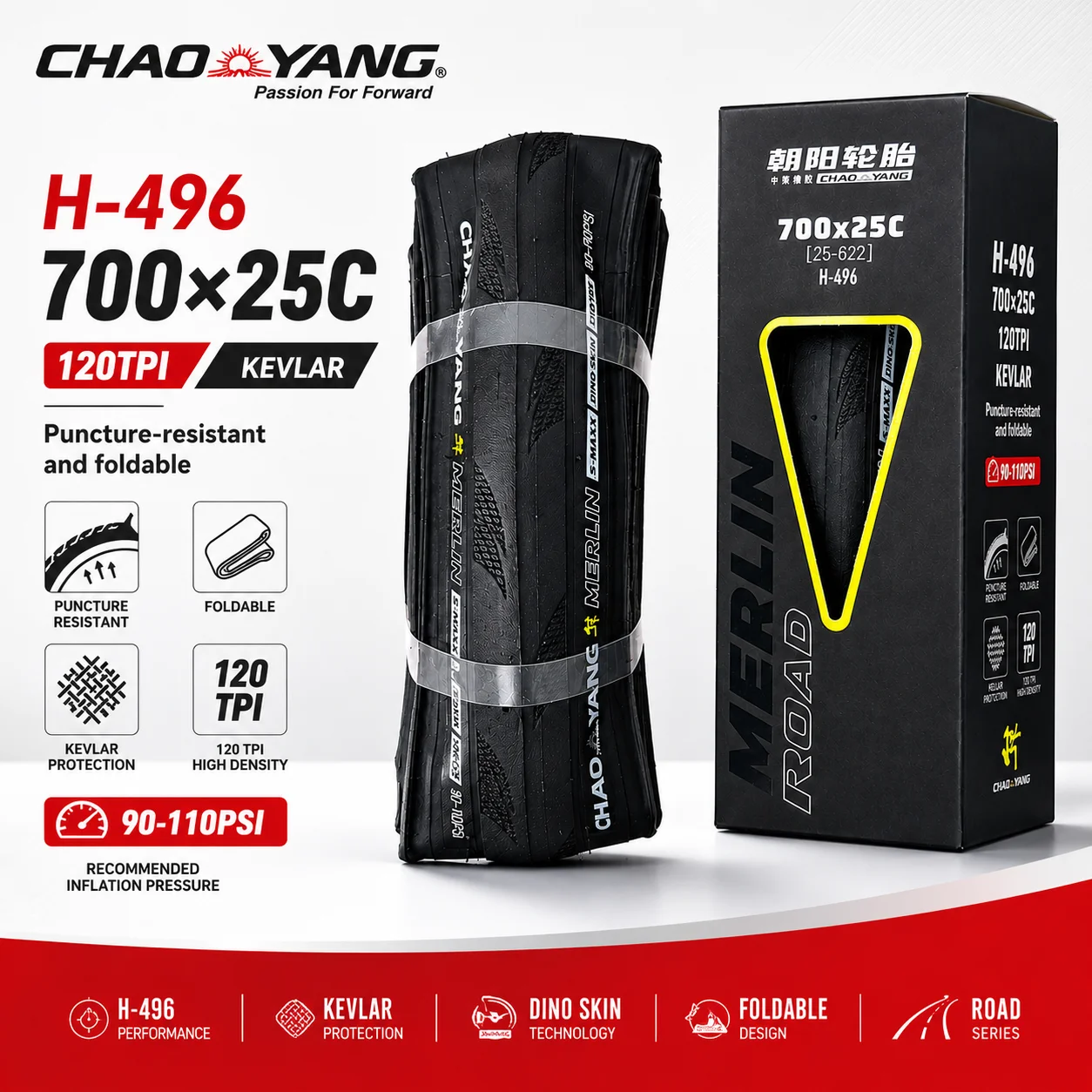 Chaoyang H-496 700x25C Road Bike Tire 120TPI Kevlar Puncture Resistant Foldable Bicycle Tire 90-110PSI