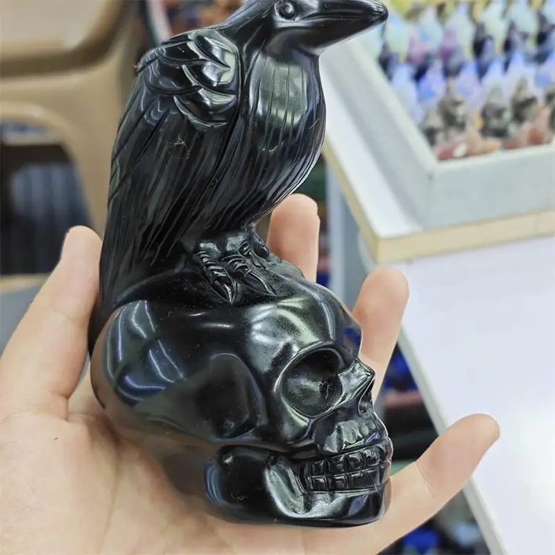 

Натуральный черный обсидиан, рогающая птица с черепом, резьба по кристаллу, любовь, исцеление, фэншуй, драгоценные камни, украшение для дома, праздничный подарок
