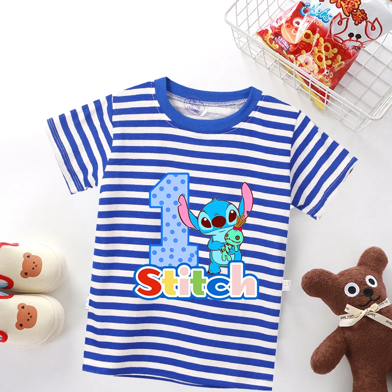 

Stitch Striped Short-sleeved Shirt Kids Short Sleeved Cartoon Pure Cotton Shirt Boys Birthday Party Summer Short Sleeved Shirt