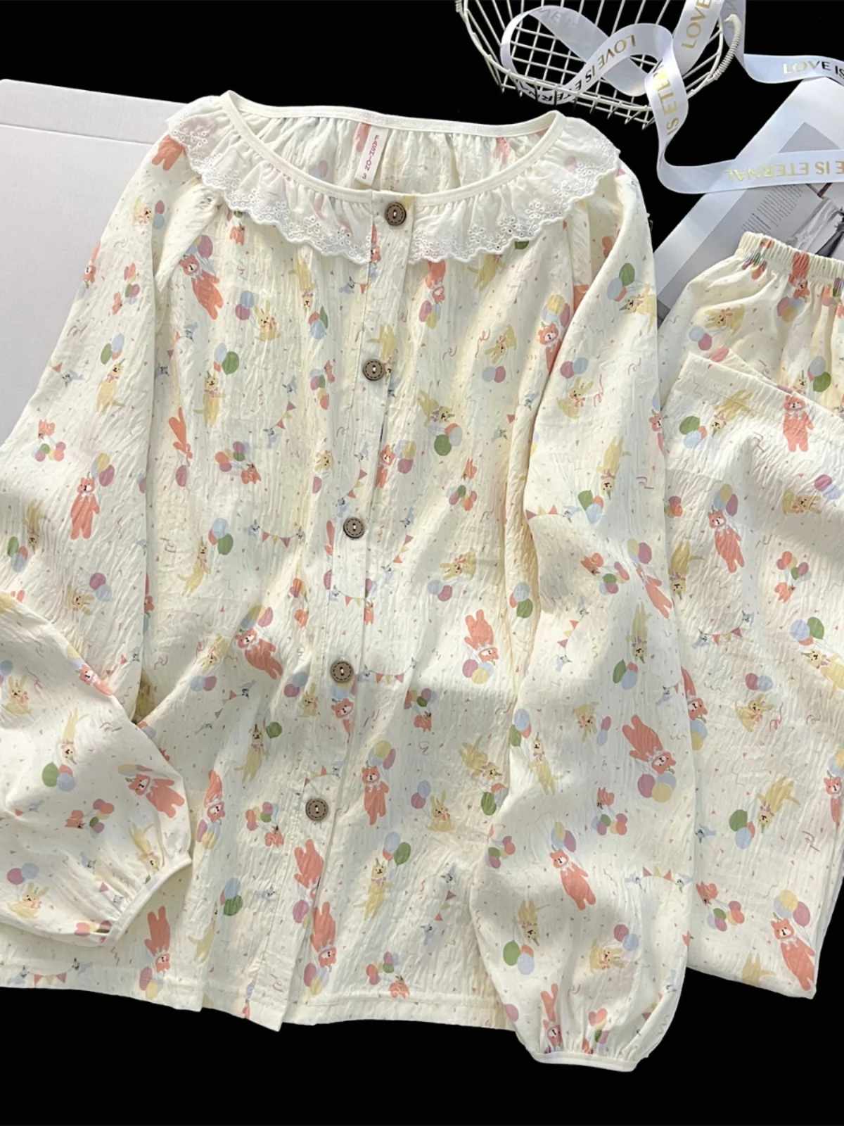 Spring Autumn Cotton Nightgown Women's Soft Sweater Korean Style Sweet Double Layered Cotton Home Clothes Long Sleeve round Neck