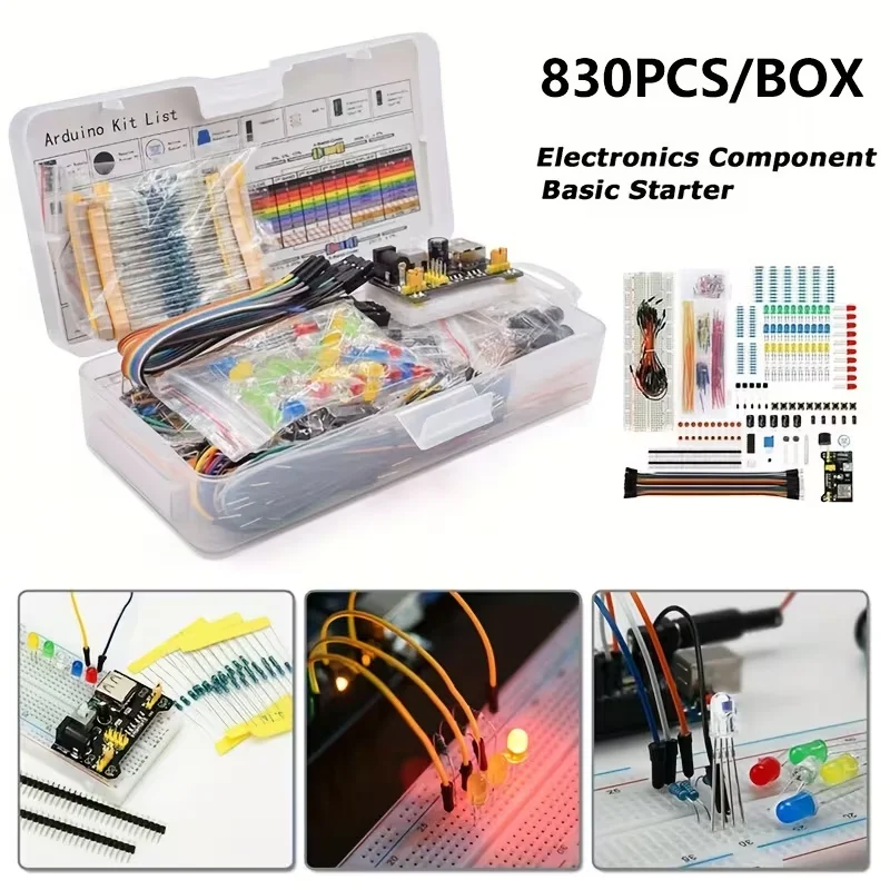 830Point Solderless Breadboard Electronic Component Starter Kit with Jumper Wires Resistor LED Potentiometer Compatible with Ar