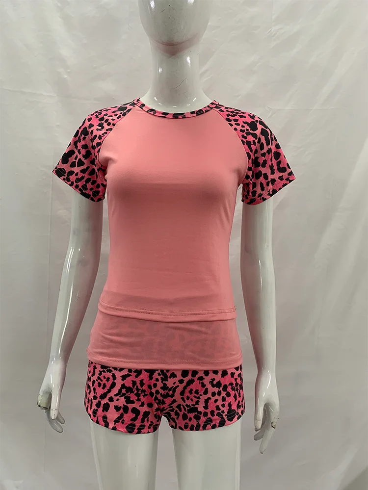 Damen 2-teiliges Shorts-Set mit Leopardenmuster, Raglanärmeln, Rundhalsausschnitt, schmaler Passform, Sommer-Loungewear, Schlafanzug, Freizeitkleidung für den Alltag, Homewear – Detail 8