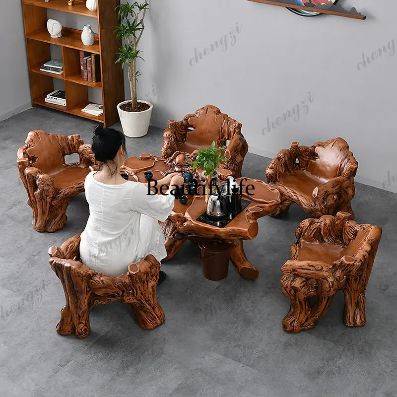A4567New Chinese tea table and chair combination office imitation root carving household  Kung Fu coffee table all-in-one table
