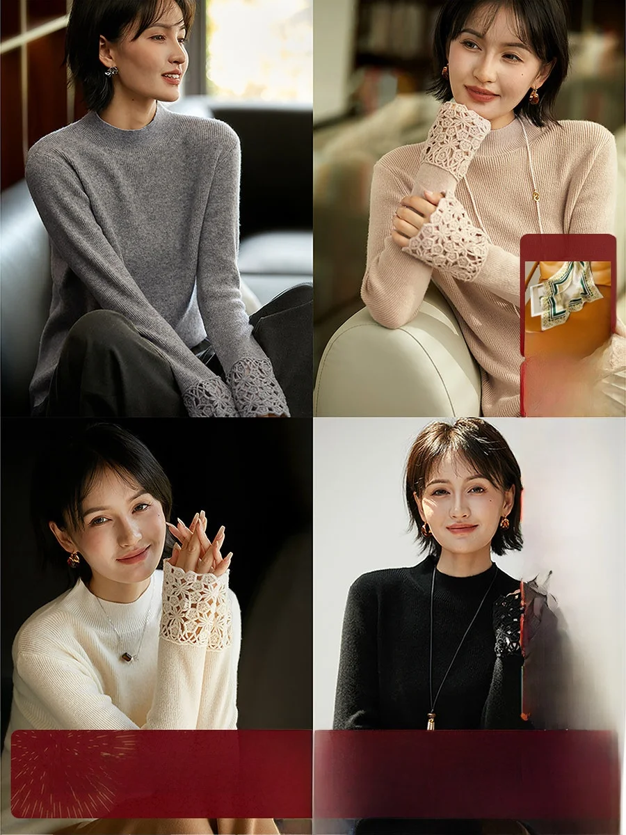 

XiaoHanGe Camere Knitted Sweater f High Collar Hollow out Crt Wool And Camere Overhead Top French Sle Regular Fit