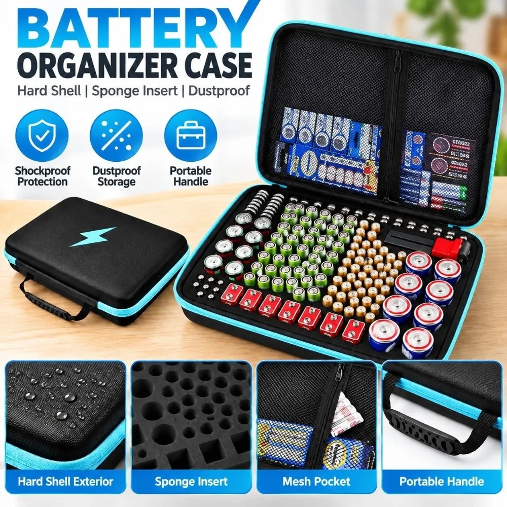 Hard Shell Battery Organizer Case Sponge Insert Shockproof Battery Storage Box Dustproof Battery Organizer