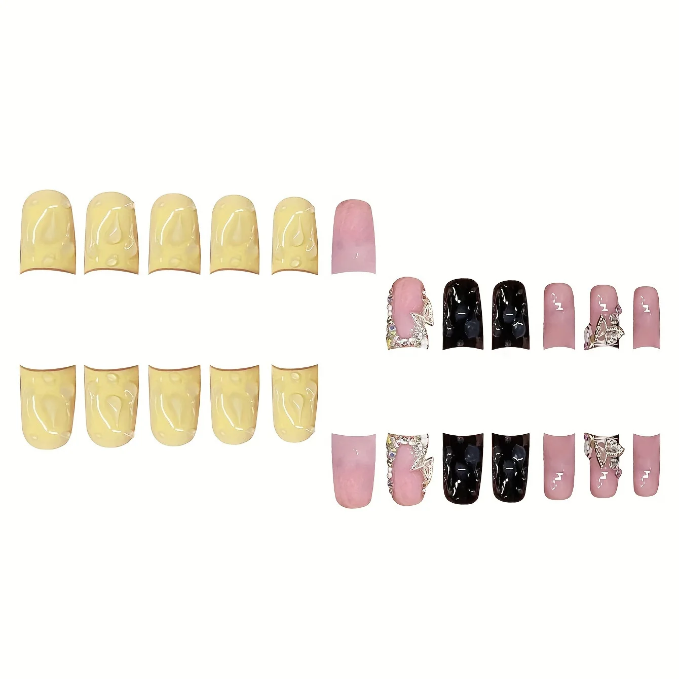 24pcs Yellow Black Duckbill Fake Nail Sweet Cool Zebra Stripe French Style False Nail With Flash Diamond Y2k Star Press On Nails