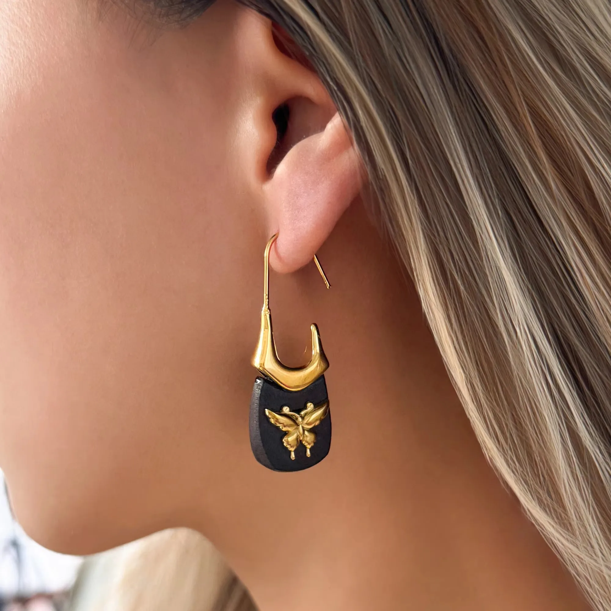 

Серьги-бабочки из нержавеющей стали с позолотой 18 карат, винтажные, с деревянной вставкой, для женщин, в стиле бохо, не тускнеющие, водонепроницаемые украшения