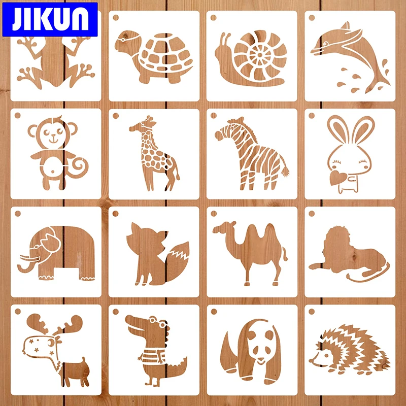 JIKUN 16pcs Cute Animal Stencils For Children Art Drawing Painting DIY Templates Walls Painting Graffiti Home Decoration 13cm